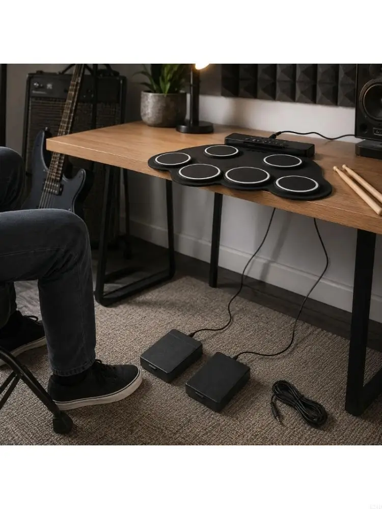 Practice Pedal for Electronic Drum Music Use with 3.5 mm Plug, Double Foot Drum Control for Home Rehearsal, Black Textured