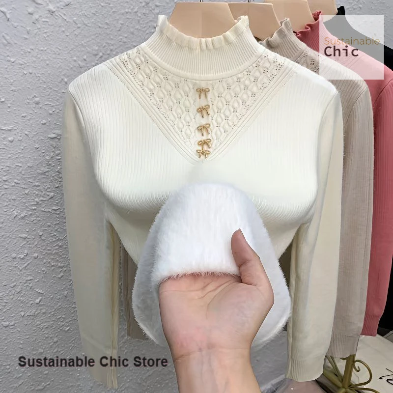 

French one-piece velvet semi-turtle neck thick bottoming shirt women's autumn and winter new sweaters with casual fashion tops.