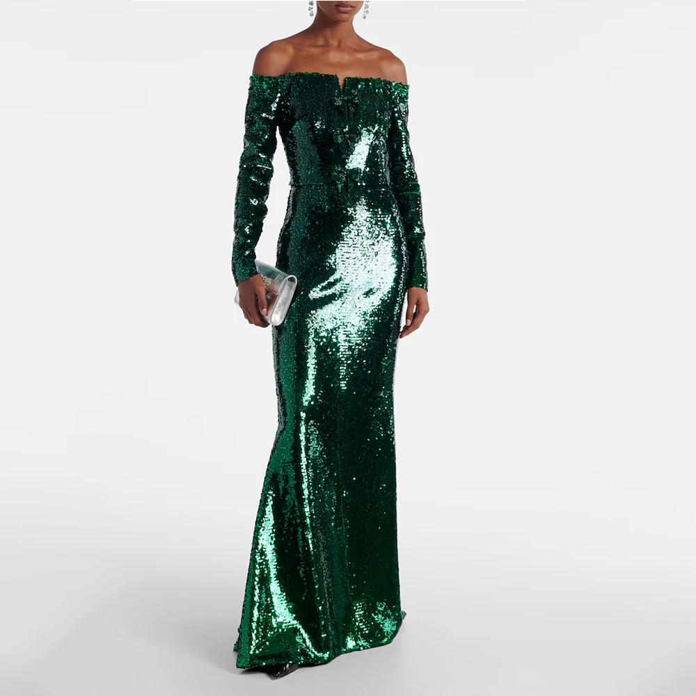 

Gliter Green Sequin Evening Gown For Women Mermaid Formal Party Dress Floor Length Saudi Dress Off The Shoulder Prom Dress