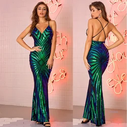 Bodycon Dress Sexy V-neck Halter Long Sequin Dress Gown Maxi Dresses Women Fashion Summer Elegant Party Evening Prom Dresses XY7