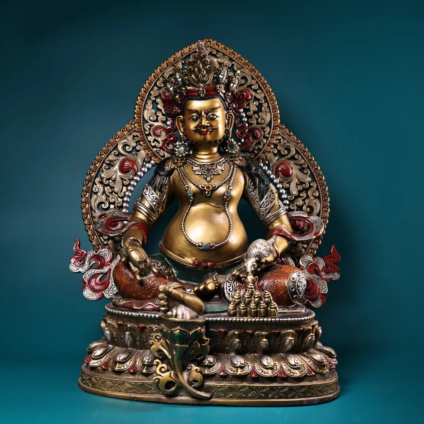 Old Copper Painted Yellow Jambhala Figurine Serene Face Fine Craftsmanship Heavy Patina