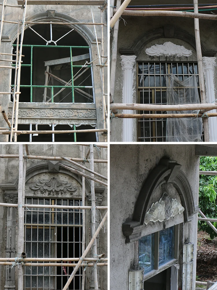 قالب نافذة مقوس للفيلا، عمود روماني، حاشية نصف دائرية، عمود منحني، حافة نافذة مزخرفة