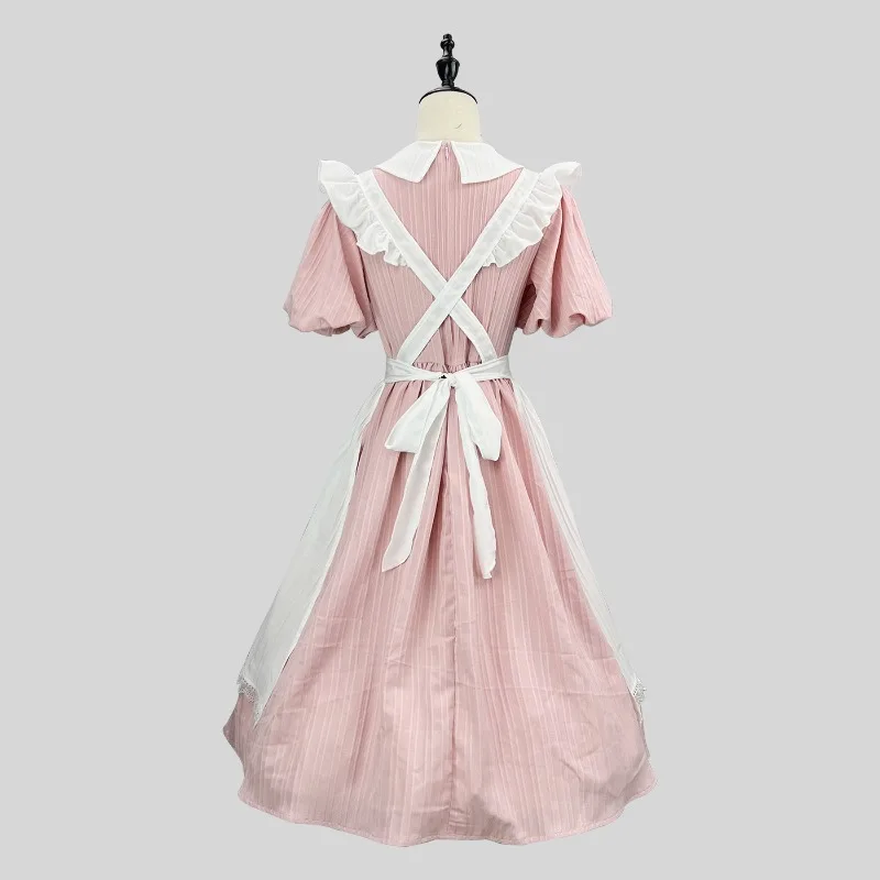 Long Pink White Maid Dress with Peter Pan Collar Ruffle Apron Maxi Skirt Vintage Lolita Style Party Cosplay Costume - view 4