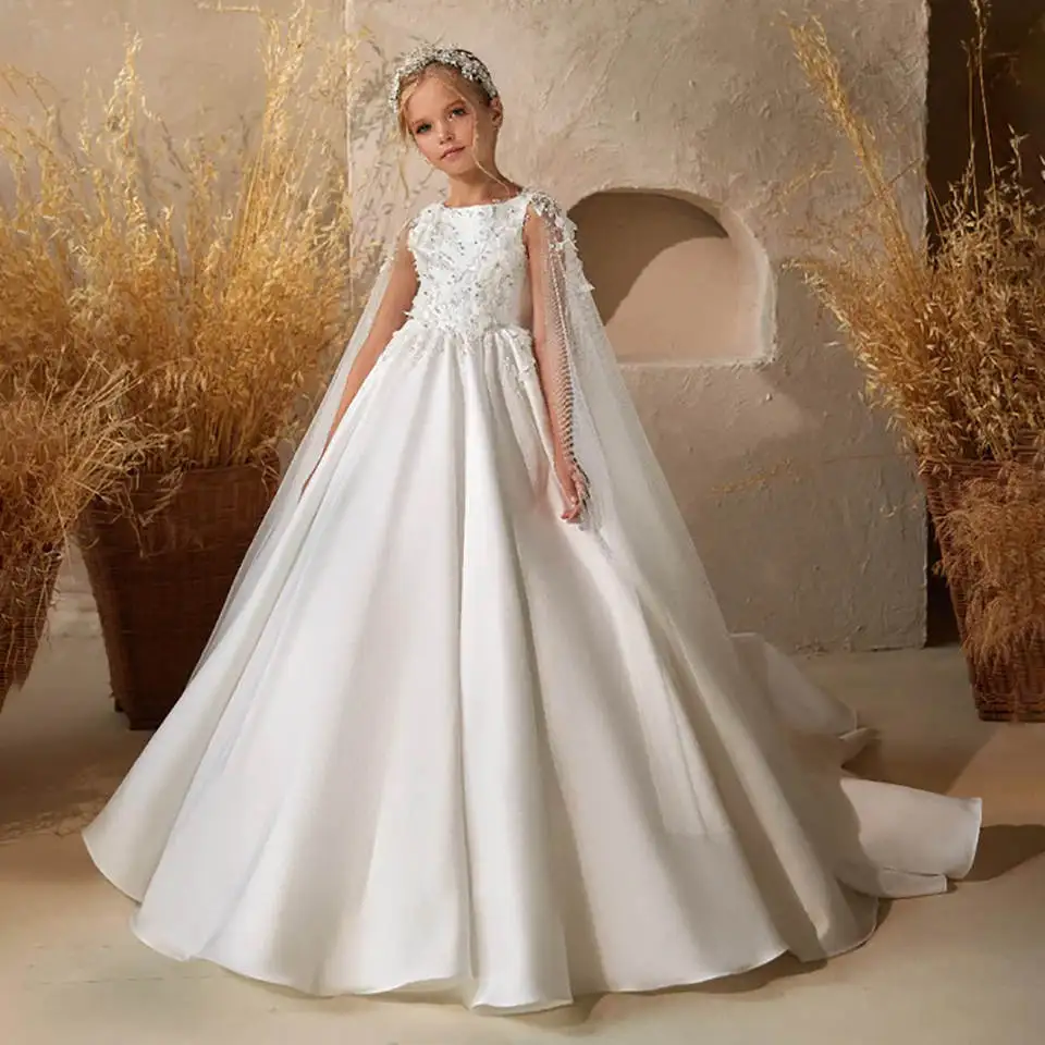 Maßgeschneidertes bodenlanges Blumenmädchenkleid mit O-Ausschnitt, weißes 3D-Blumenkleid mit Pailletten, A-Linie, Erstkommunionkleid, Kindergeburtstagskleider – Detail 3