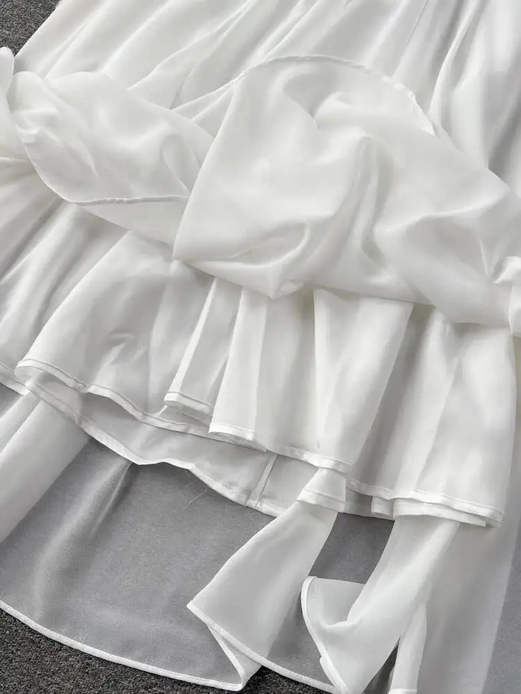 Femmes Robe en maille blanche printemps été Sexy col en v lanterne à manches longues pure robes longues dames élégant a-ligne fête longue Robe