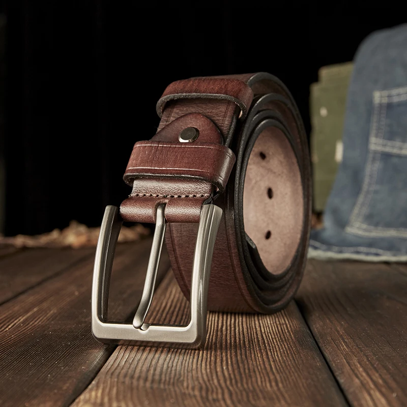 Handmade Vintage Genuine Leather Belt Men Stainless Pin Buckle High Quality Cowhide Leather Jeans Waist Strap Fashion Pants Belt