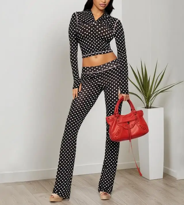 

Autumn and winter polka dot hooded zipper waist cinching set finger top high waisted flared pants set women's clothing