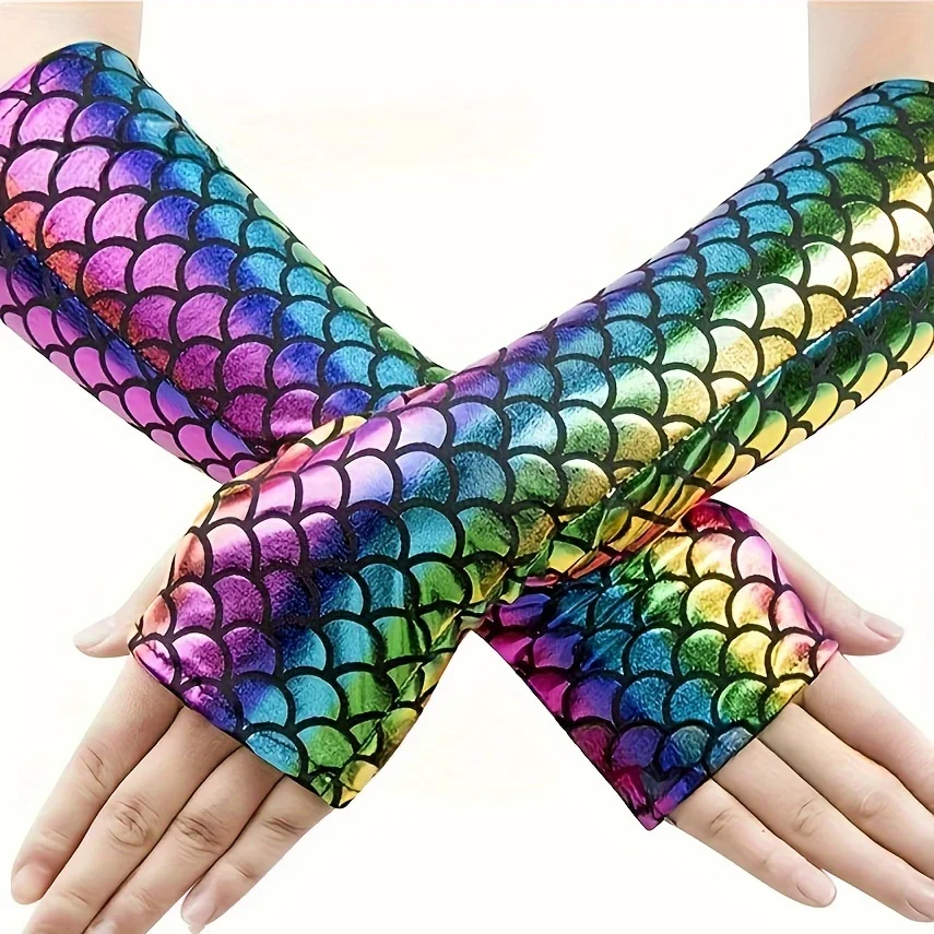 Women\'s clothing accessories color changing mermaid dress Halloween cosplay stage performance Fish scale open finger gloves