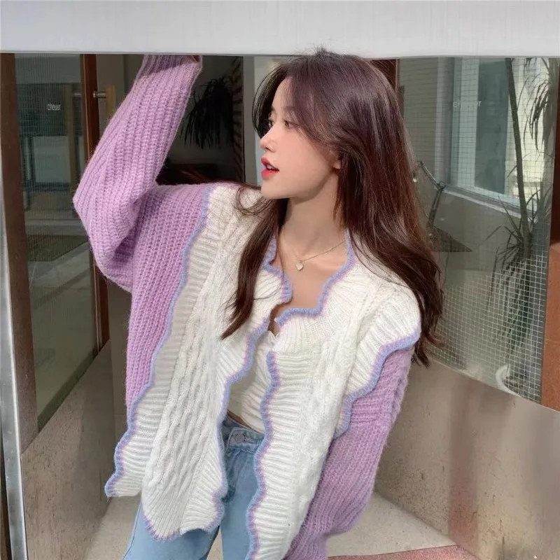 Purple Knitting Cardigan Coat Women Autumn Simplicity V-neck Long Sleeve Sweater Fashion All-match Office Lady Knitwear Tops