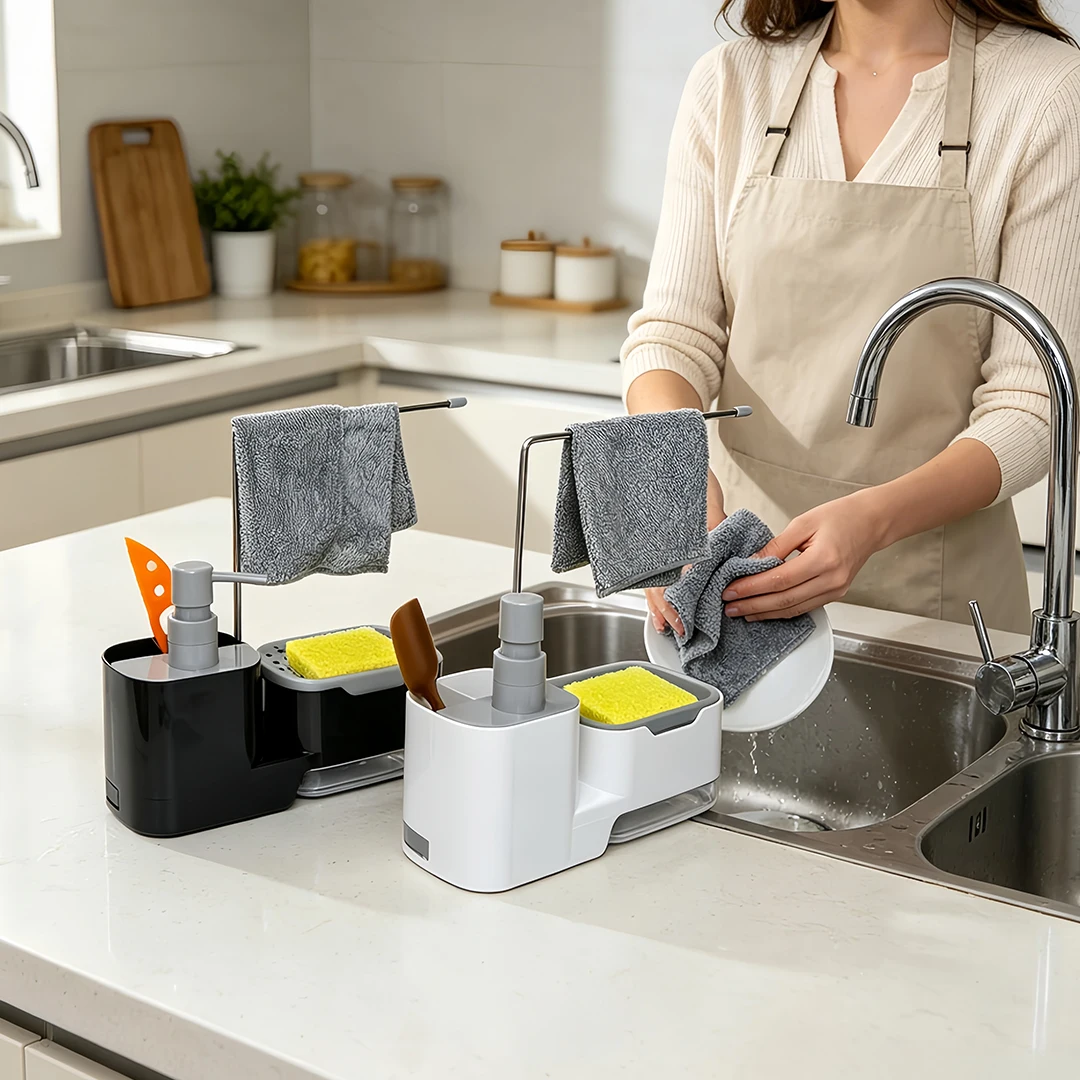 Kitchen Bathroom Soap Dispenser with Drain Tray, Push Down Liquid Soap Dispenser for Dishwashing & Hand Washing, Refillable Pump