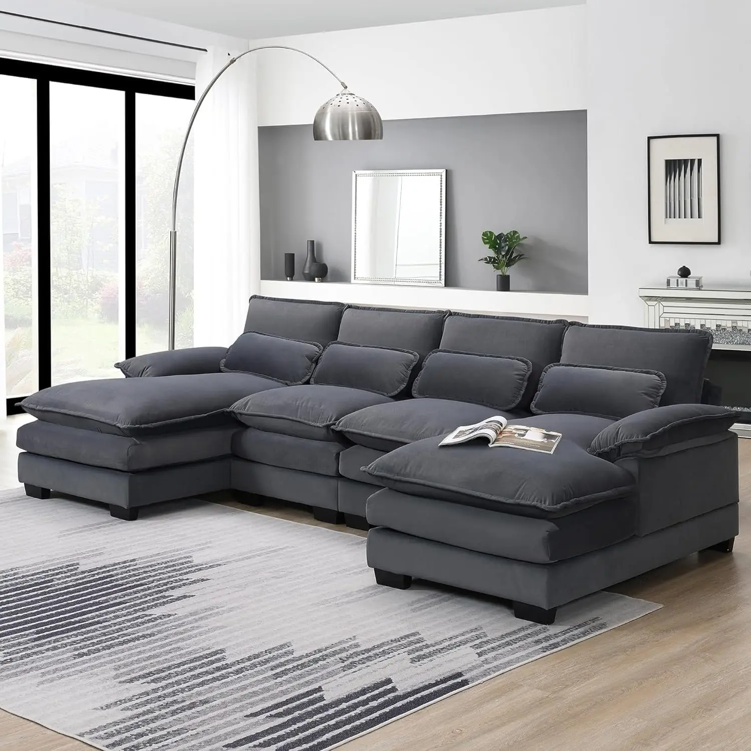 

Modern Couch Velvet U Shaped Sectional Sofa Modular Sectional Sofa Couch for Living Room, with Throw Pillows