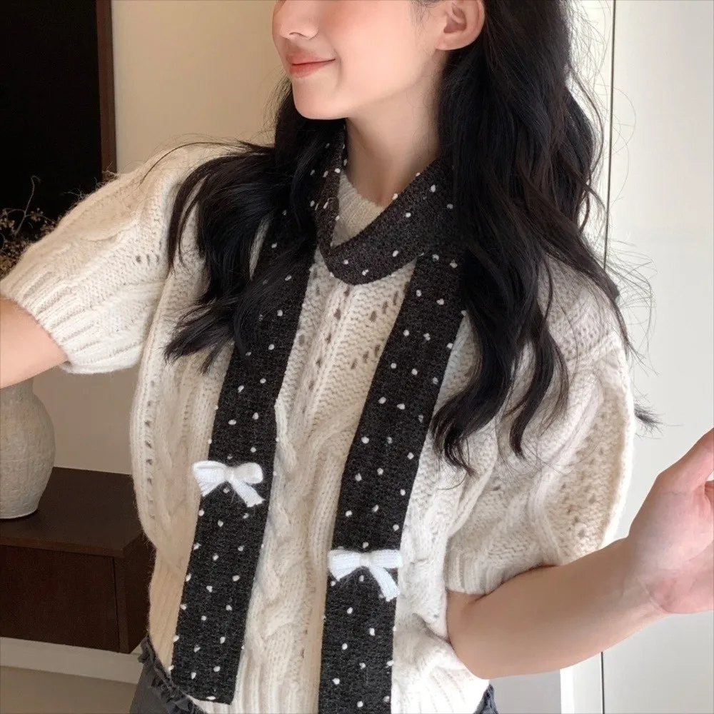 

Универсальная шерстяная шаль с бантом в горошек Y2K, украшение для одежды, вязаный шарф, лента, сохраняющие тепло, длинные узкие шарфы для женщин