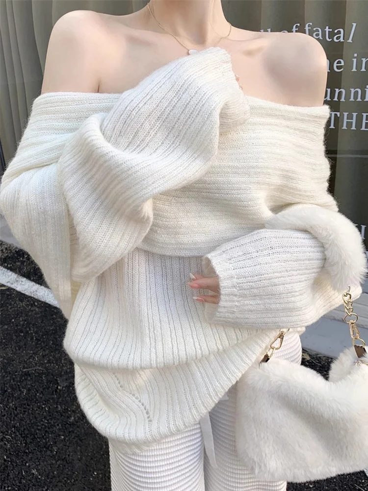 

Sexy Knitted Sweater Women Elegant Slash Neck Off Shoulder Pullovers Female Korean Fashion Casual Loose Long Sleeve Knitwears