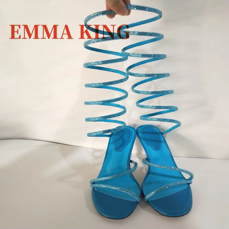 المرأة حجر الراين الكاحل لف الصنادل جولة تو الخنجر الكعوب الصيف الصنادل مثير كريستال ديكور ملهى ليلي فستان أحذية 43