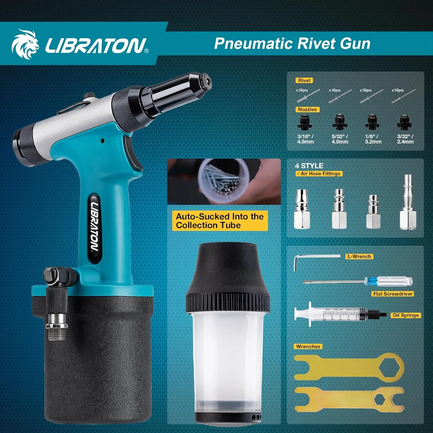 طقم مسدس برشام هوائي، ممبر هواء عالي التحمل 3/32 بوصة، 1/8 بوصة، 5/32 بوصة، 3/16 بوصة مع 200 مسامير، تصميم ذاتي الشفط