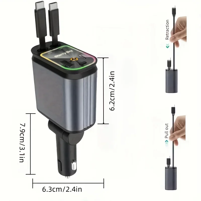 4 IN 1 Retractable Starlight Car Charger Phone USB Roof Star Type C Cable For iPhone Fast Charge Cord Cigarette Lighter Adapter