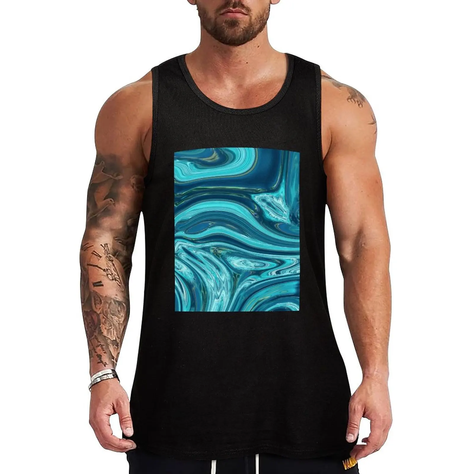

abstract blue teal marble swirls mid century modern Tank Top Men's sleeveless gym shirts Sleeveless top