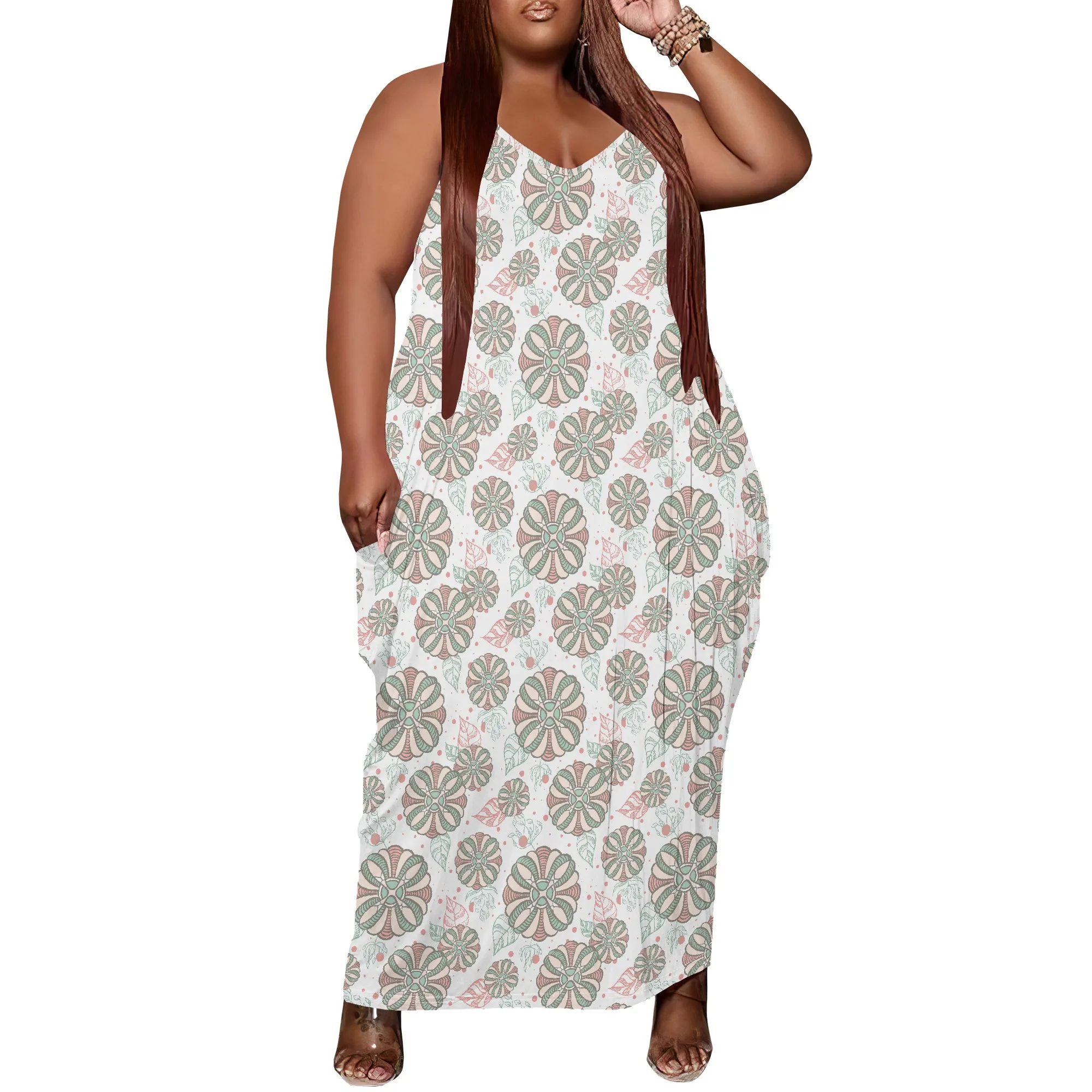 女性プラスサイズドレス花柄ルーズホルターロングドレスポケット付きファッショナブルなボヘミアン XL-6XL