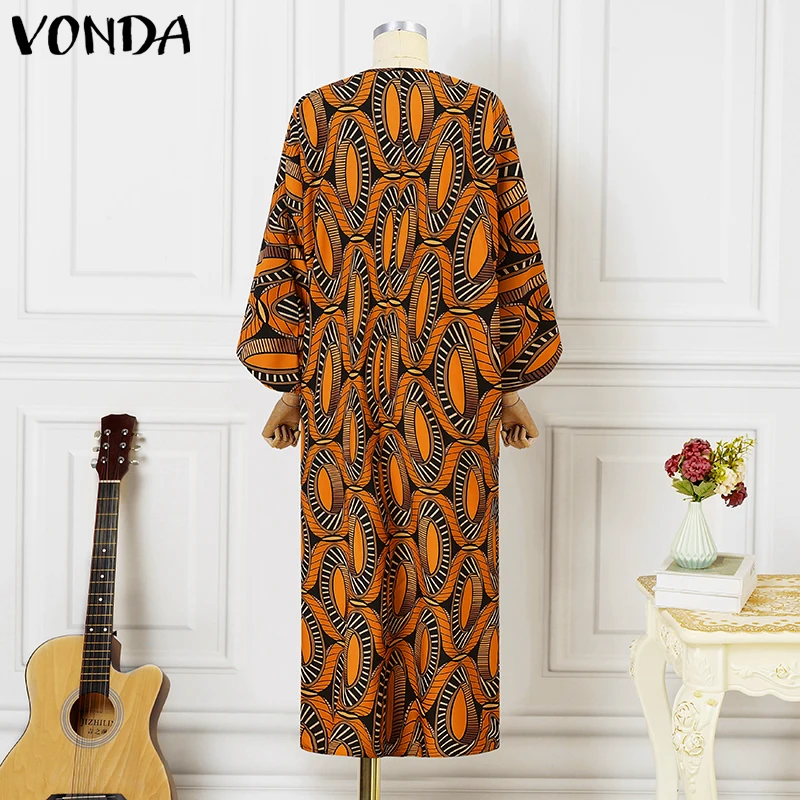 VONDA grande taille robes bohème impression longue Maxi Robe d'été femmes élégant col en v décontracté à manches longues Robe fête robes 5XL