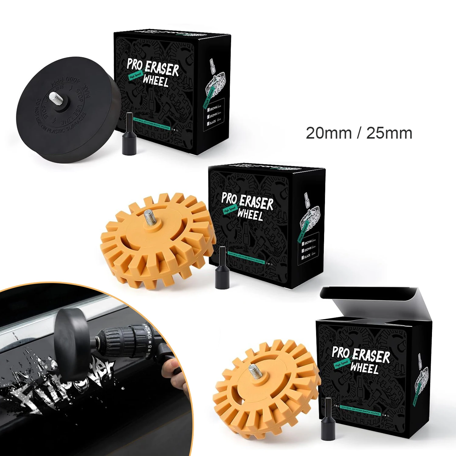 EHDIS 2/3pcs Rubber Eraser Wheel Car Sticker Adhesive Film Vinyl Removal Tool Graphic Clean Polishing Pads With Drill Adapter
