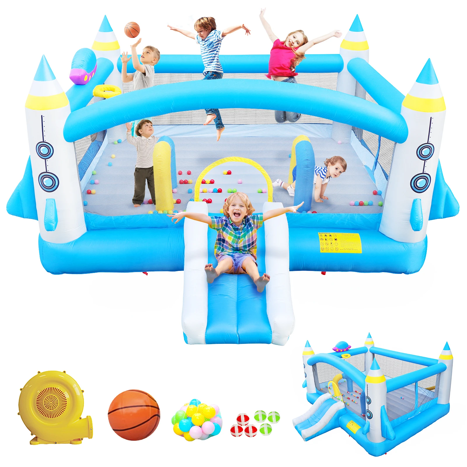 

Multifunctional Jump Slide Inflatable Bouncer for Kids Basketball Hoop Throw Ball Game Reinforced PVC Bounce Floor with Blower