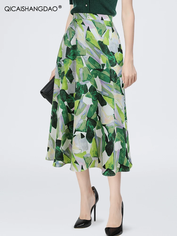 Fashion Green Ink wash painting Printed Satin Skirt Women' High Waist A-line Long Skirts Soft And Thin Female Casual Bottoms