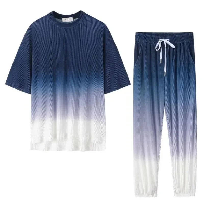 

Sweatpants Male T Shirt Trousers Sets Ice Silk Regular Fit Original Brands Slim Stretch Basic Tee Two-piece Cool Men's Pants Set