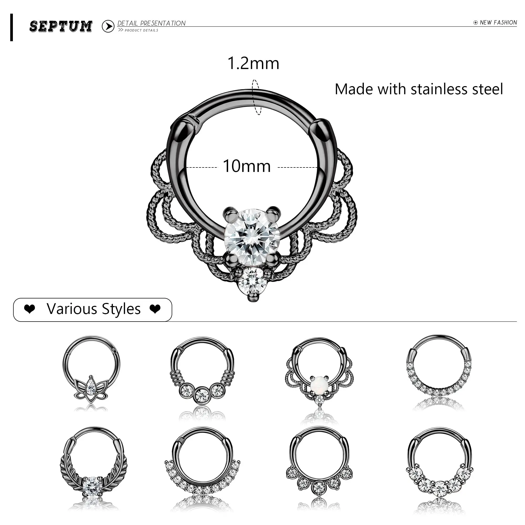 Drperfect 9Pcs Septum Rings Opal Daith 16G Nose Rings CZ Cartilage Helix Tragus Earrings Septum Clicker Piercing Jewerly