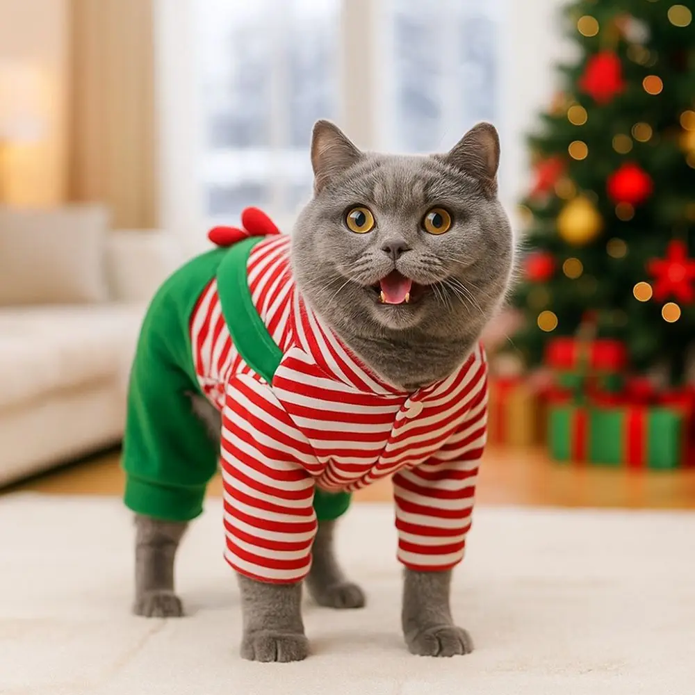 

Striped Dog Christmas Clothing Warm Breathable Dog Four Legged Clothes Elk Pocket Comfortable Cats Christmas Coats