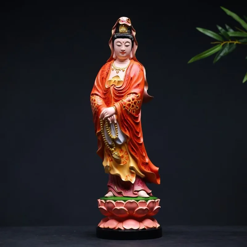 Hand-Carved Boxwood Guanyin Statue - 11.8/13.8
