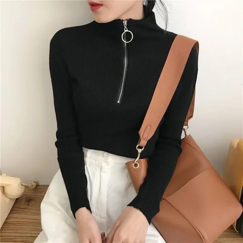 Autumn Korean Solid Zipper Knitted Pullover Winter Sweater Long Sleeve White Jumper Pull Femme 2024 Casual Slim Women Tops