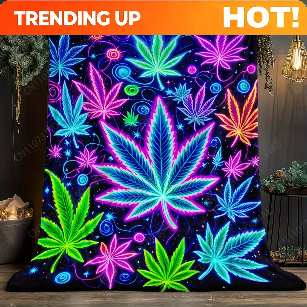 Custom Neon Leaf Art HD Printed Blanket - Glow-in-the-Dark Flannel Throw With Psychedelic Leaf Design, 280GSM Heavyweight All-Se