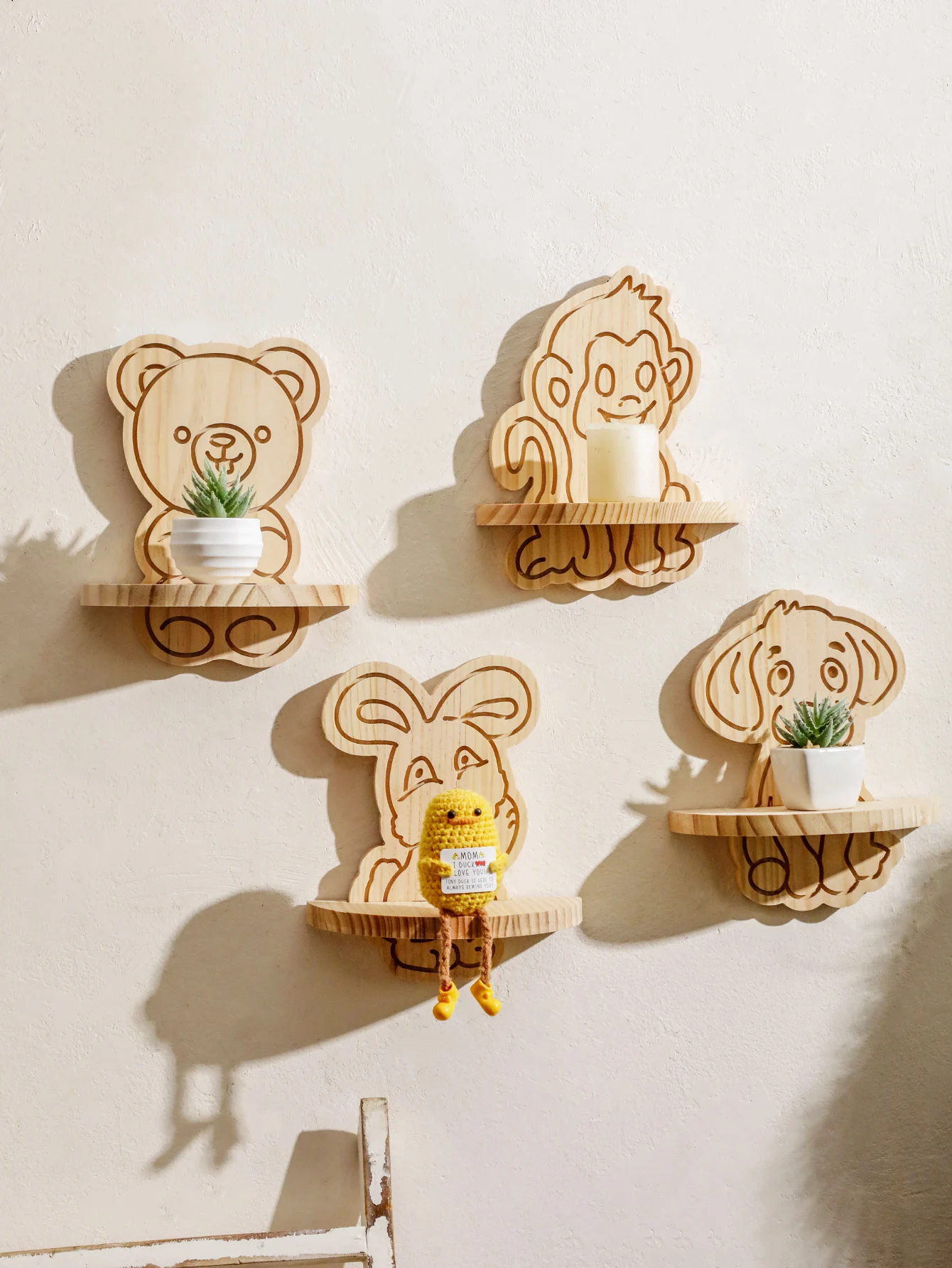 Niedliche Tierform-Wandregale, Bär, Affe, Kaninchen, Hundesign, Holz, schwebendes Regal, Aufbewahrungsregal für Kinderzimmer und Kinderzimmer, Heimdekoration