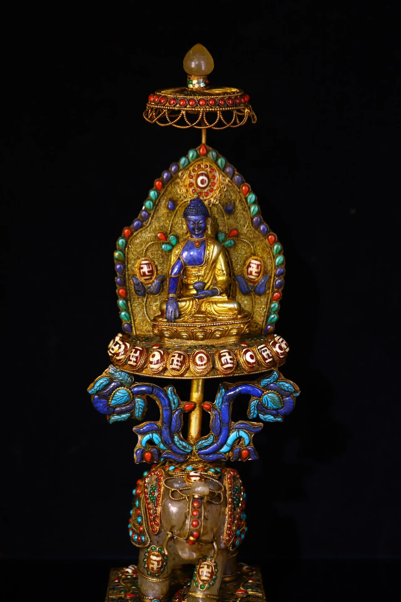 16"Nepalese folk Old Crystal Mosaic Gem gZi Beads lapis lazuli Shakyamuni Buddha Sit Elephant Statue Buddhist Niche view 3