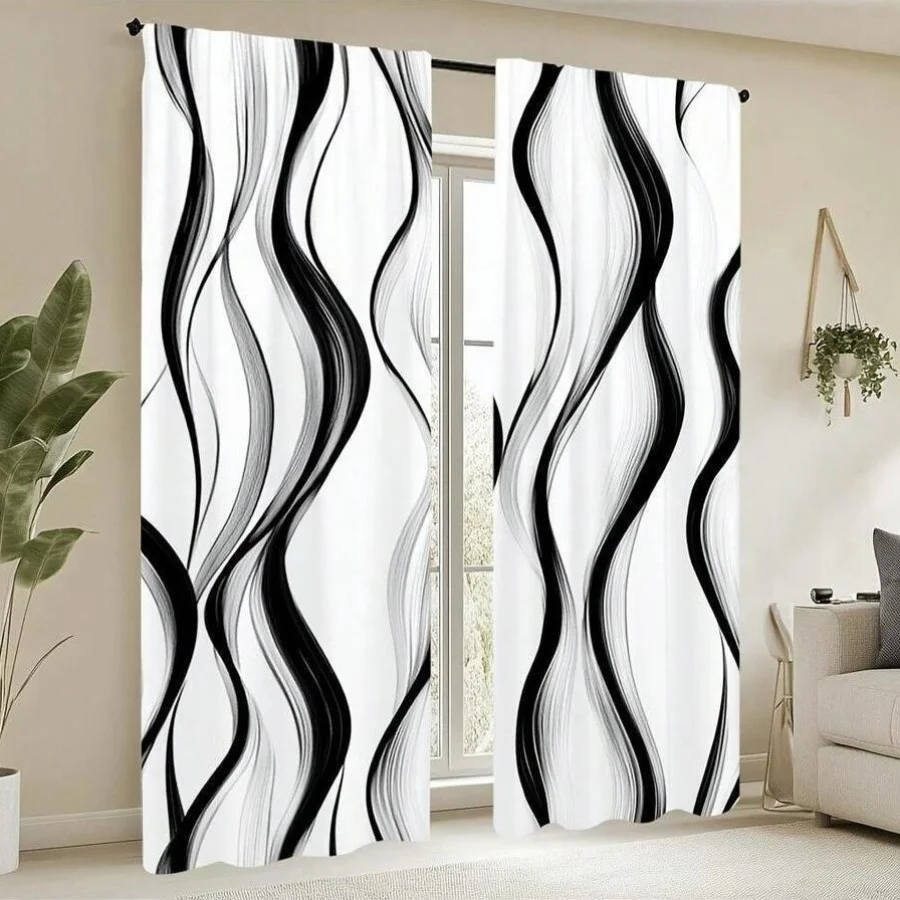 Modern Abstract Wave Curtain Black White Living Room Decorative Window Drapes Home Decor Curtain Panel Lightweight Stylish Room