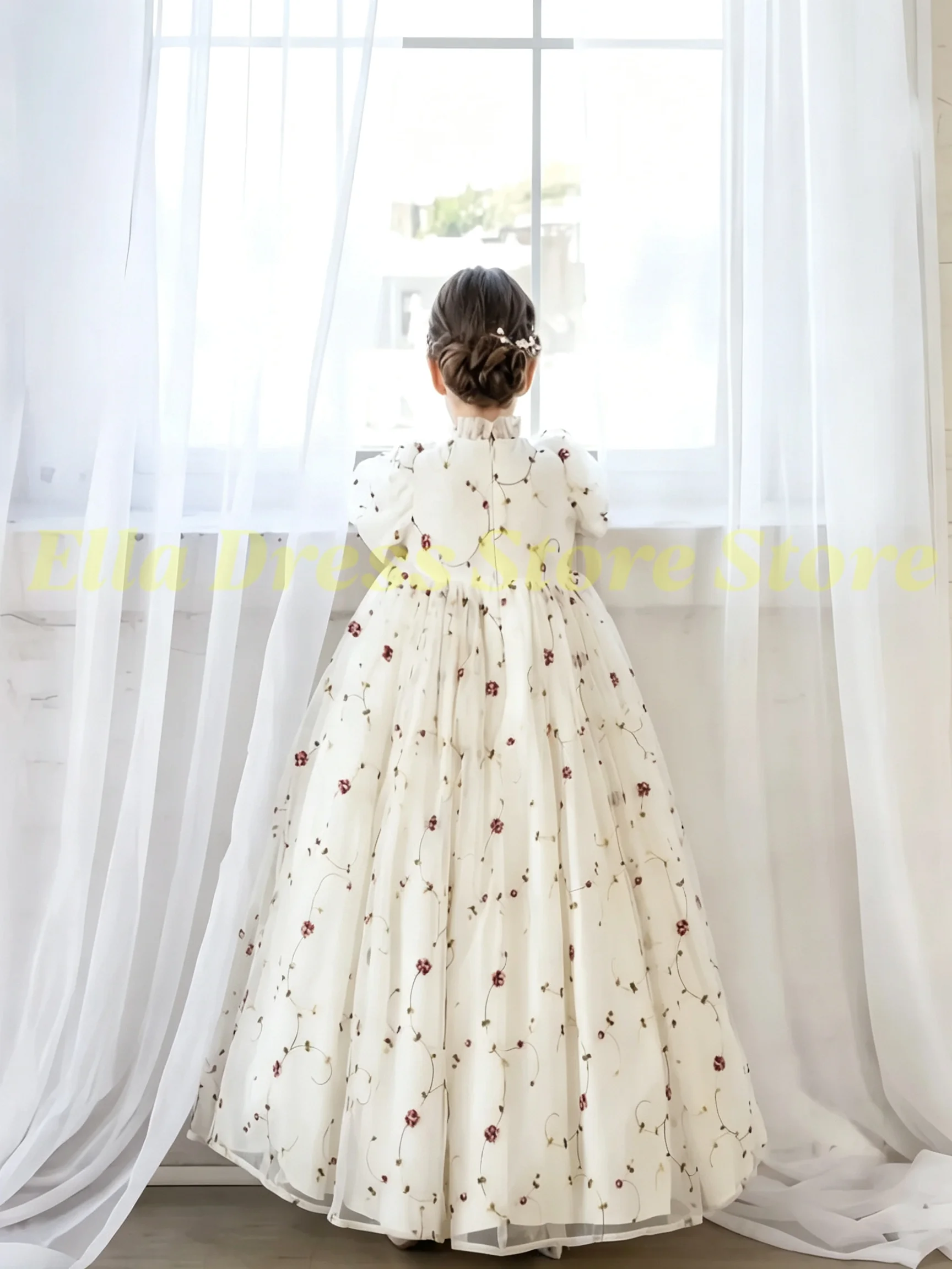 Maßgeschneidertes Mädchenkleid in Rosé-Rosa Elegantes Blumenmädchenkleid mit Puffärmeln und Schleife für Hochzeitszeremonien Abendkleid Formelle Empfänge – Detail 3