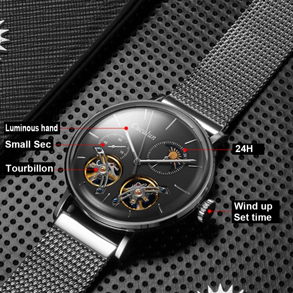 Double Tourbillon Watches for Men Automatic Mechanical Wristwatches Fashion 42MM Stainless Steel Moon Phase Watch CUCALUN 2022