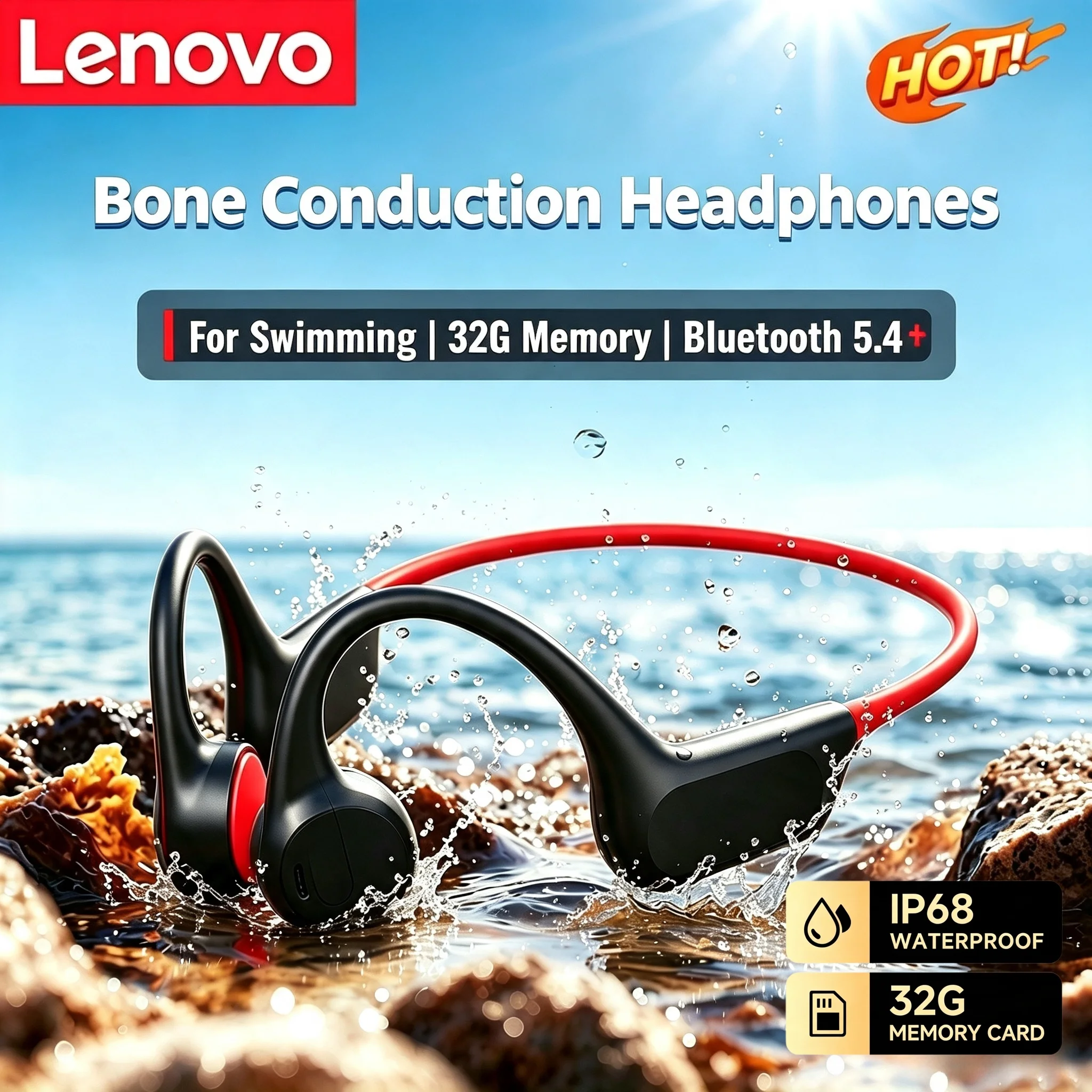 Lenovo Bone Conduction Headset Bluetooth 5.4 With Mic Waterproof Exercise Fitness Wireless Swimming Sports Headphone 2026 New