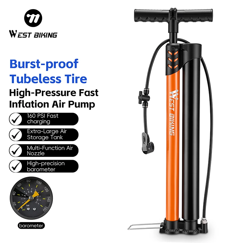 WEST BIKING 160PSI High Pressure Dual Tube Bike Floor Pump with Gauge for Tubeless Tire Schrader Presta Valve Bicycle Motorcycle