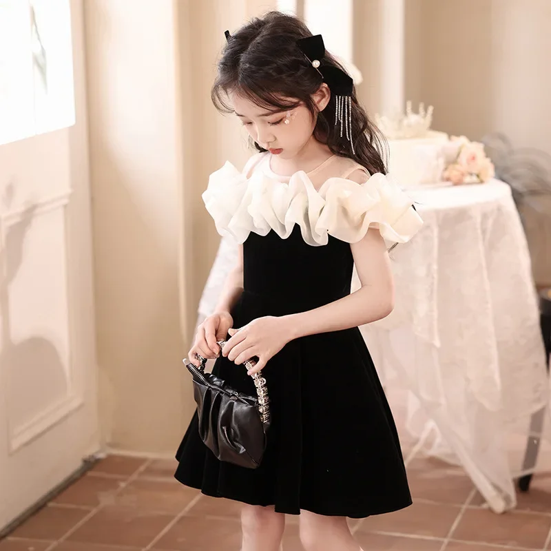 French black thousand gold style girl dress Birthday princess dress children's high-end host piano performance costume