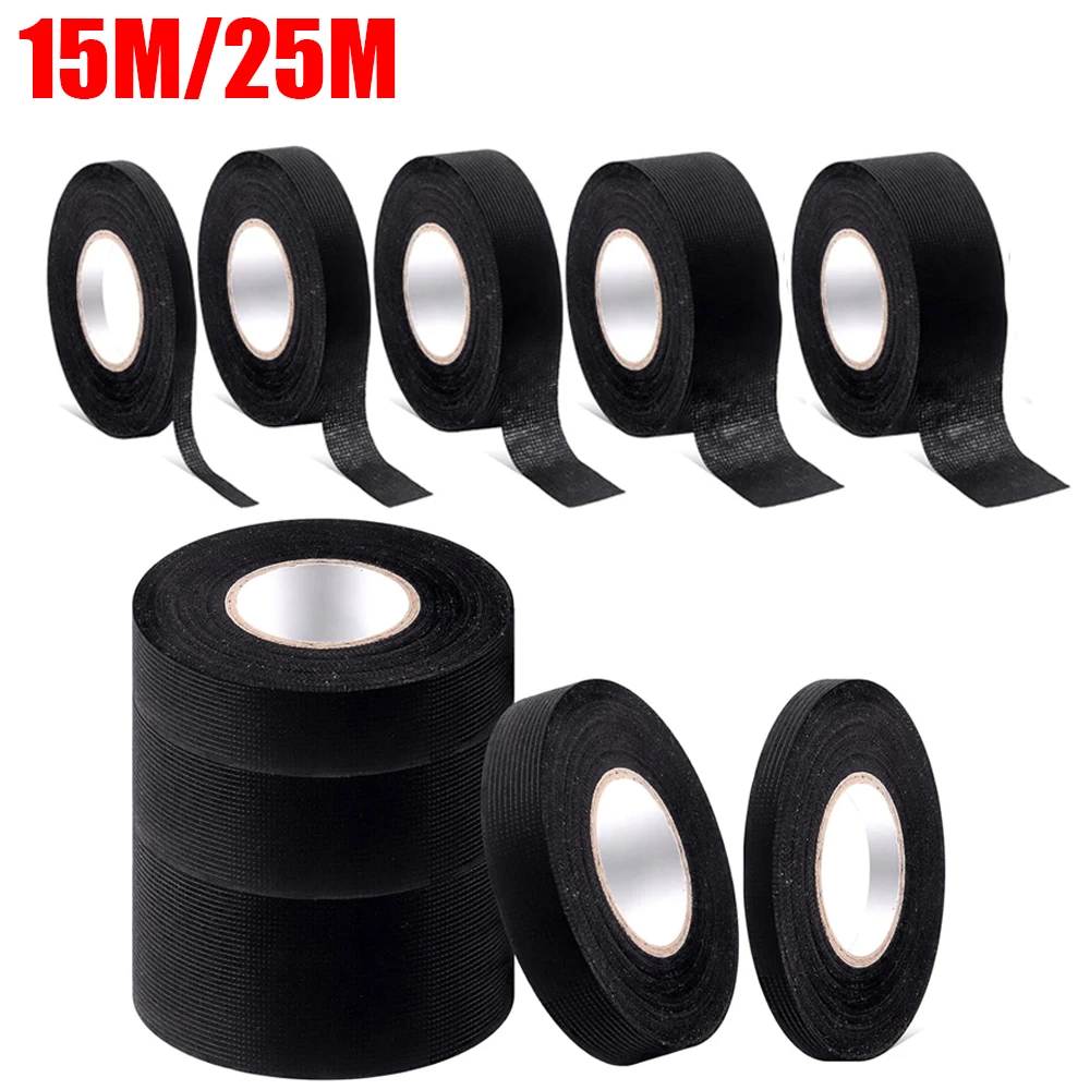 15/25M Automotive Wire Harness Cloth Tape 9-32mm Adhesive High Temp Fabric Tape for Car Electrical Wiring Harness Insulation