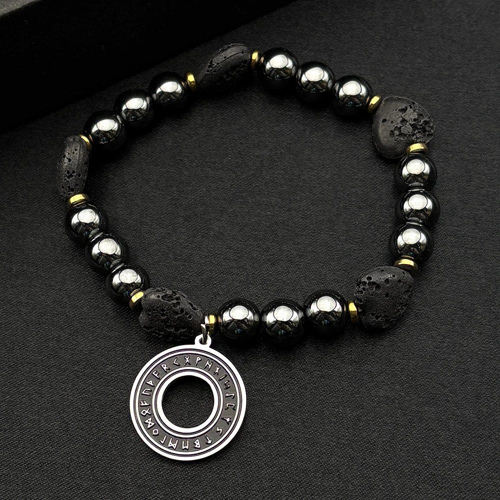 

Nordic Mystical Symbols Niven Hand Chain For Women Men Stainless Steel Silver Color Germanic Lava Stone Beads Bracelet Jewelry