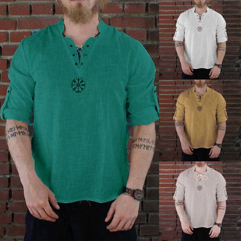 Vintage Shirt Men Medieval Viking Pirate Linen Top Shirt Men Nordic T-Shirt Cosplay Lace-Up Tee Breathable Streetwear Shirt