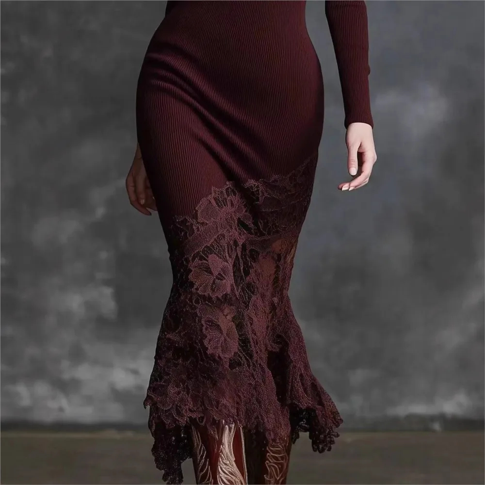 Fashion High-neck Spliced ​​lace Women's Dress Autumn Winter New Burgundy Slim Hip-covering Elegant Female Long-sleeved Dresses