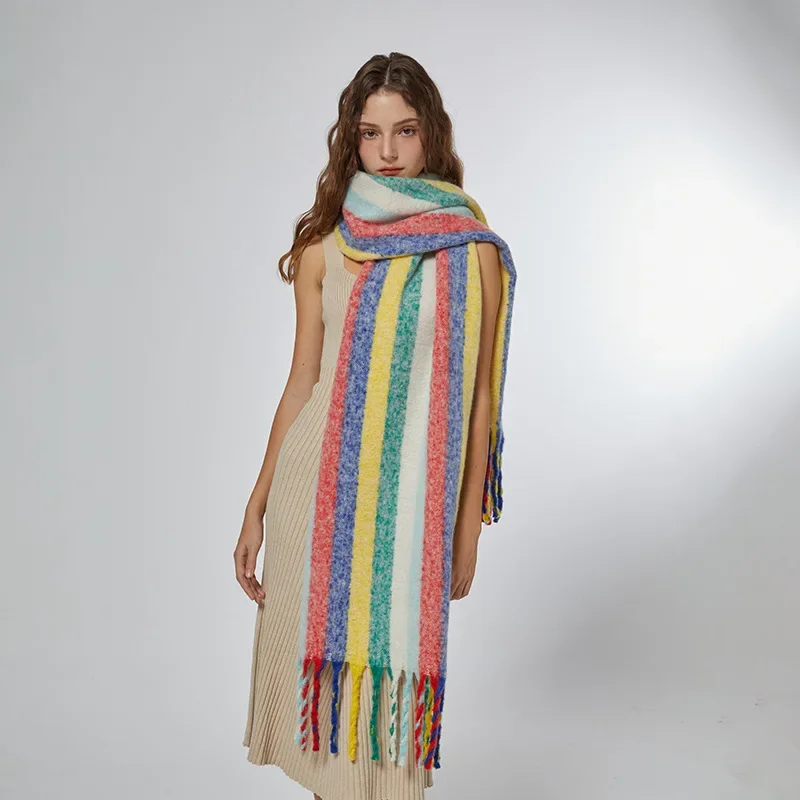 Écharpe en cachemire arc-en-ciel pour femme, grand châle, sensation de cou, rayure verticale, doux et collant, degré froid, hiver, 2023