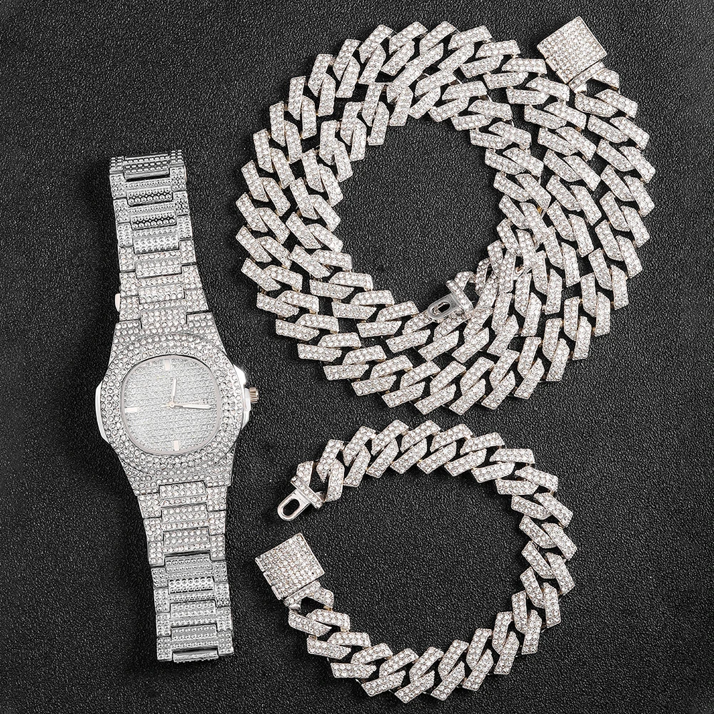 Men Women Hip Hop 16mm Iced Out Shiny Cuban Chain Necklace+Bracelet Set With Variety Of Styles Personality Rhinestone Watch