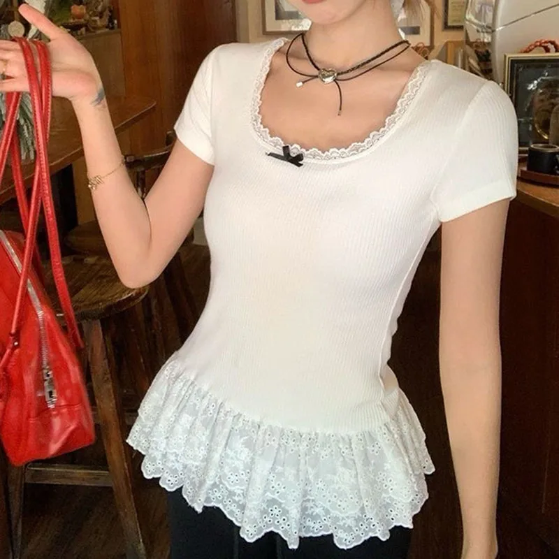 Short Sleeve T-Shirt For Women Korean Style Woman Clothing Summer Slim Basic White Tops Cute Tshirts O Neck Casual Tees Female
