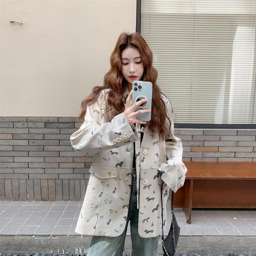 Small Dog Print Chic Style Suit Jacket New 2026 Women's Spring Autumn Unique Beautiful Design Sense Western Style Top