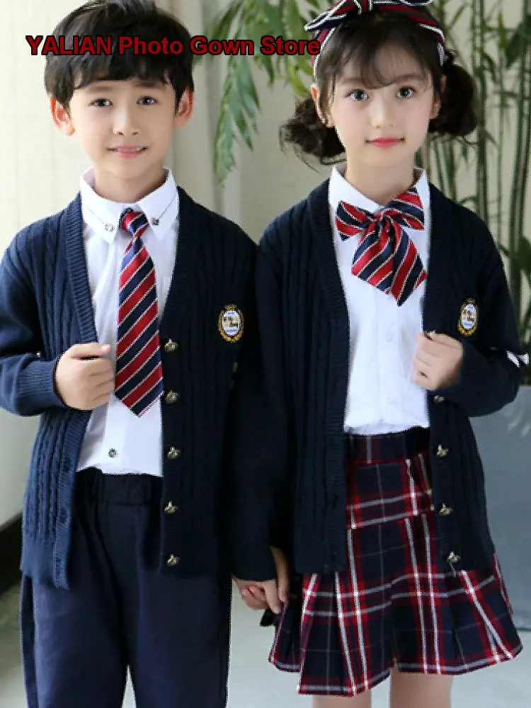 Kindergarten Uniforms Spring Autumn School Uniforms Elementary Students Class Sets Knit Three-Piece Set Boys Girls Navy Blue