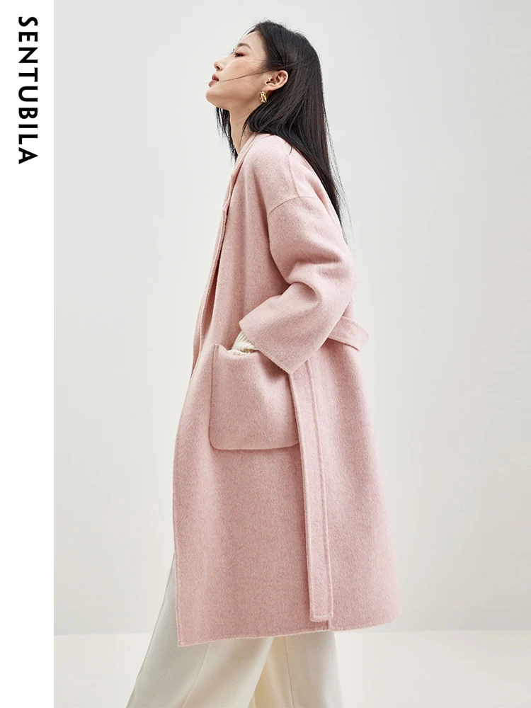 

SENTUBILA Office Lady Double Sided Woolen Coats Women Autumn Winter 2024 Wool Blend Jackets Warm Overcoats with Belt W34O51083